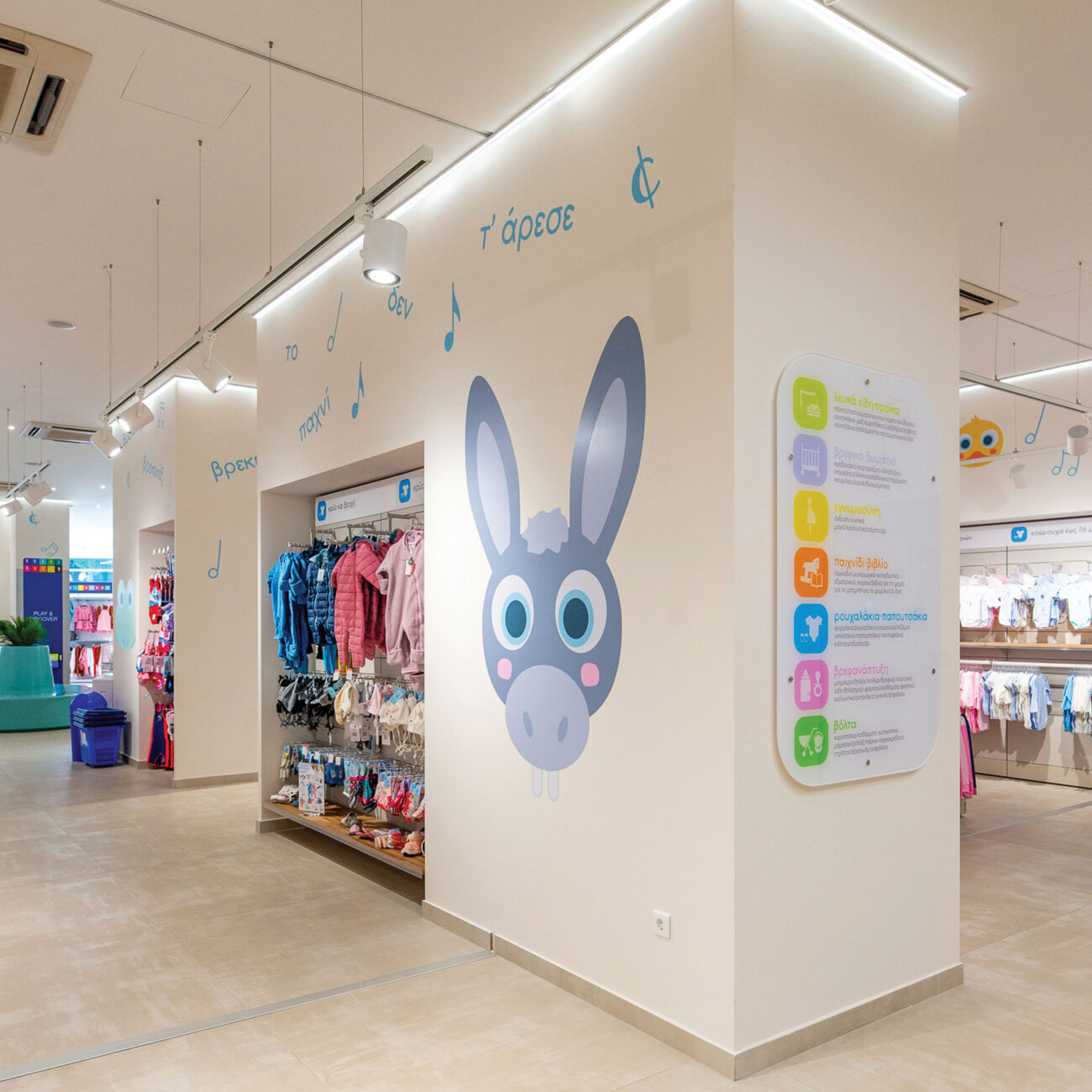 Leto Nursery Stores retail project by STIRIXIS Group showing brand character wall with bunny graphic and children's clothing display