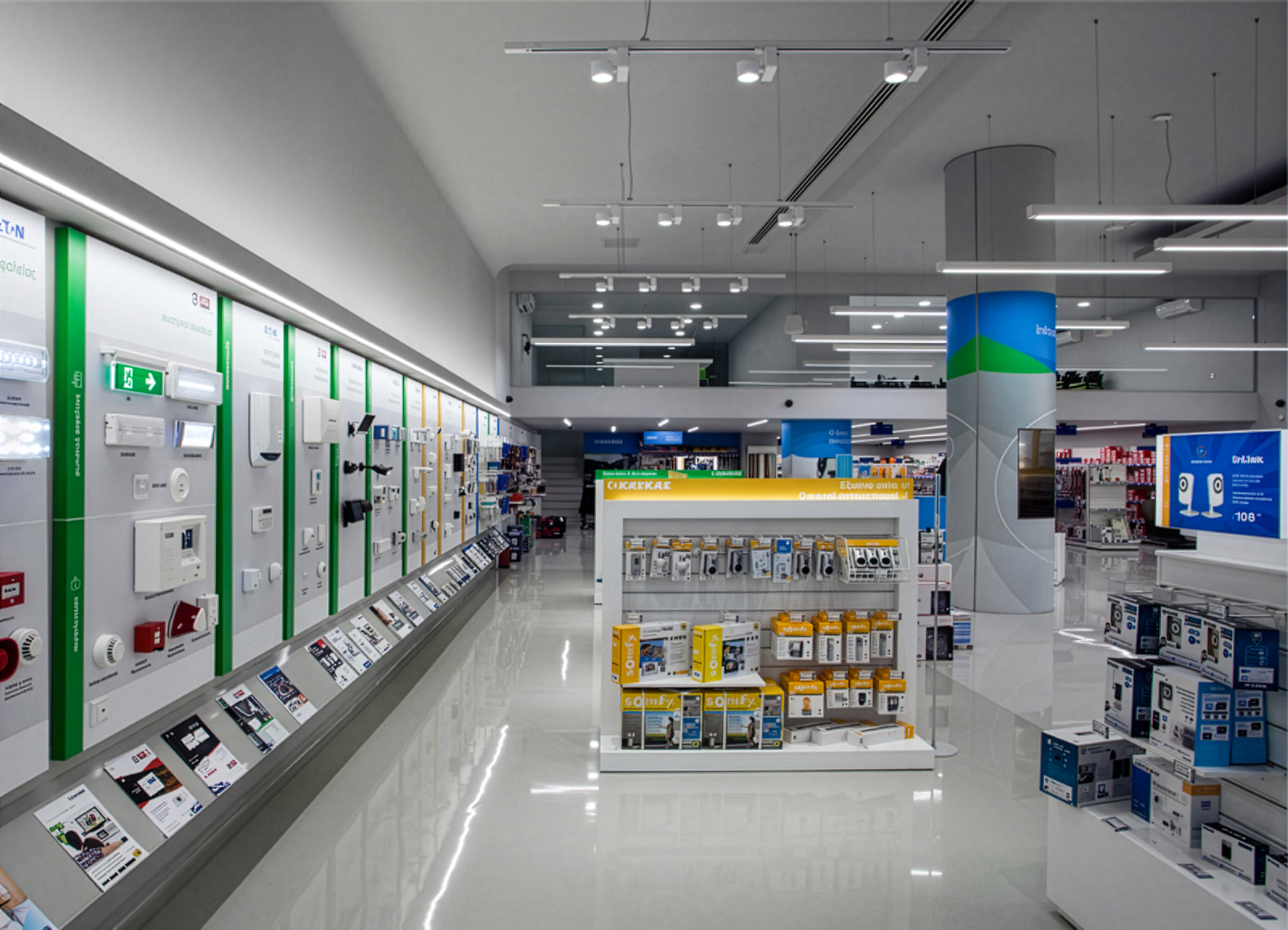 Kafkas retail project by STIRIXIS Group showing open store aisle with green accent shelving and bright electrical product display