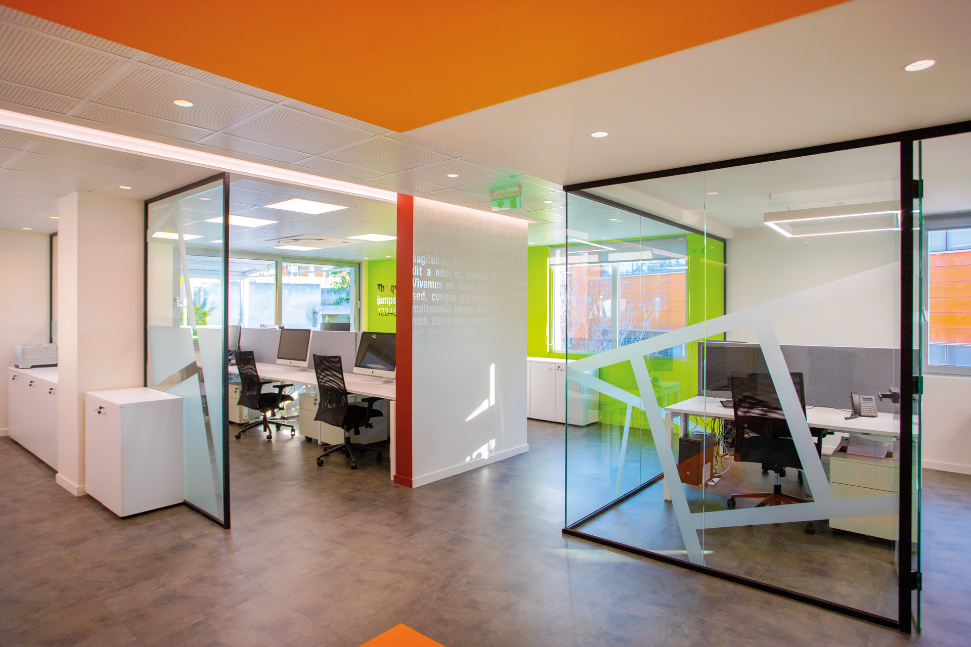 Pressious Arvanitidis workplace project by STIRIXIS Group showing meeting pods with glass partitions and colourful accent walls