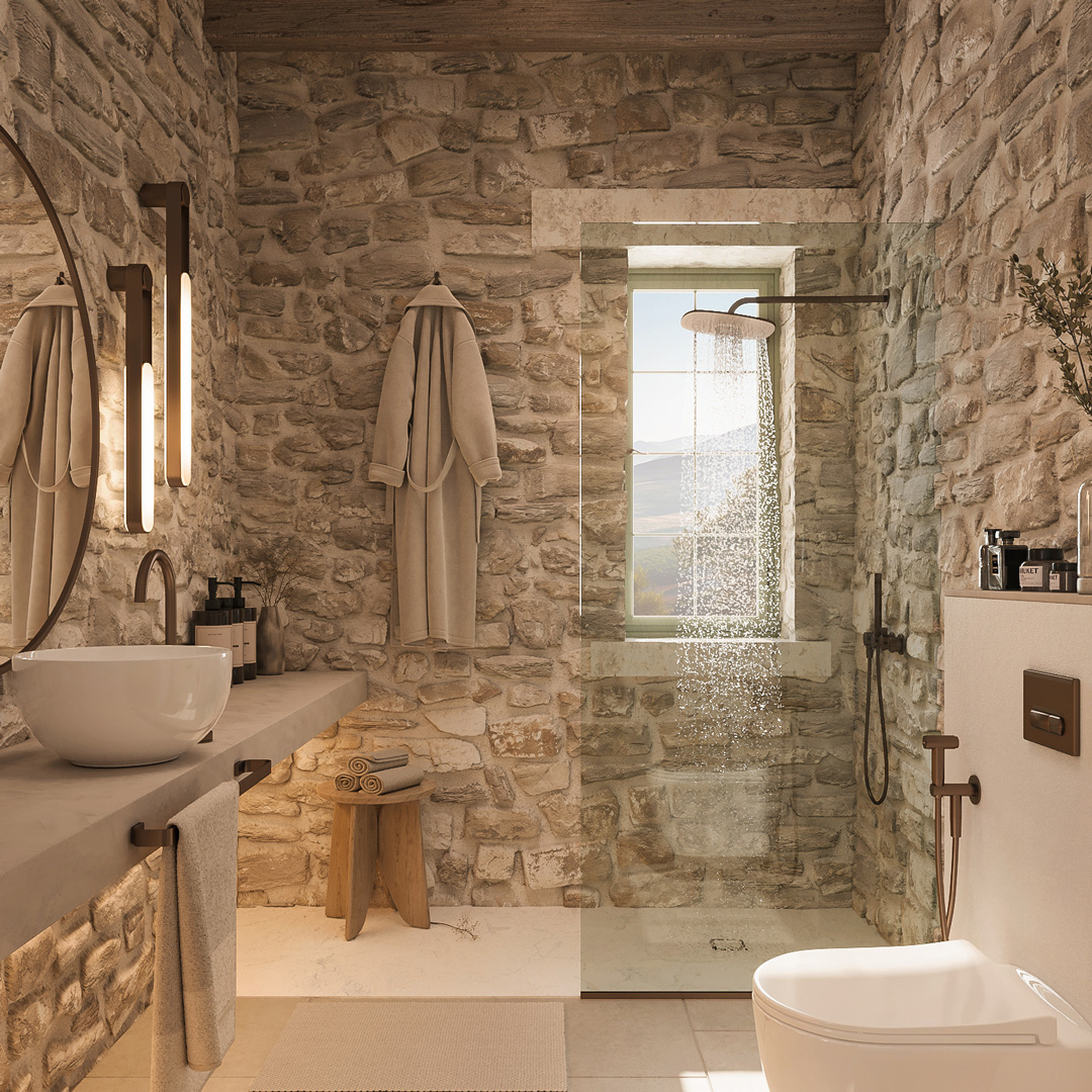 ERAWA residential project by STIRIXIS Group showing bathroom with full stone walls, rainfall shower and natural landscape window view