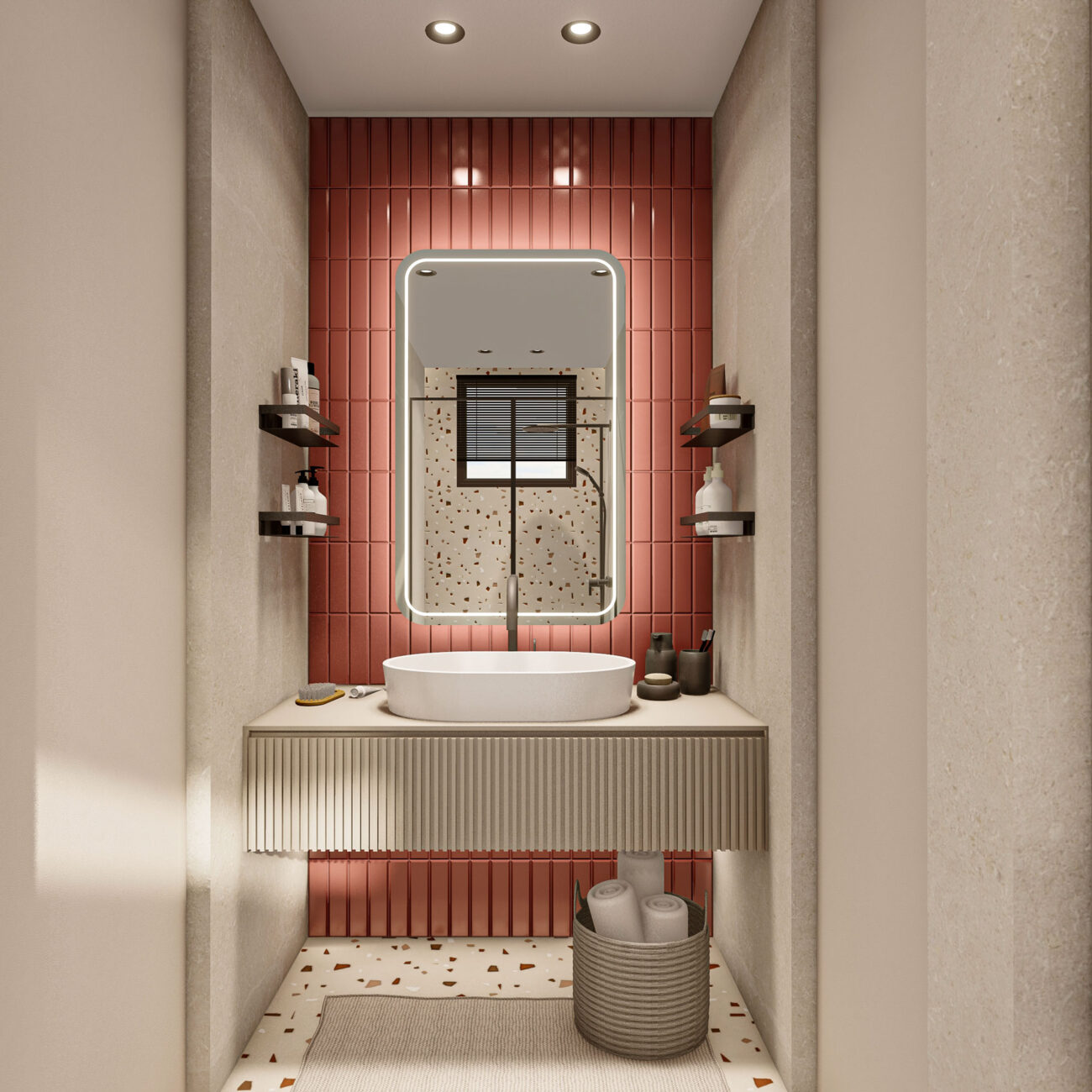 Organic Tranquility residential project by STIRIXIS Group showing bathroom with pink fluted accent wall and statement mirror
