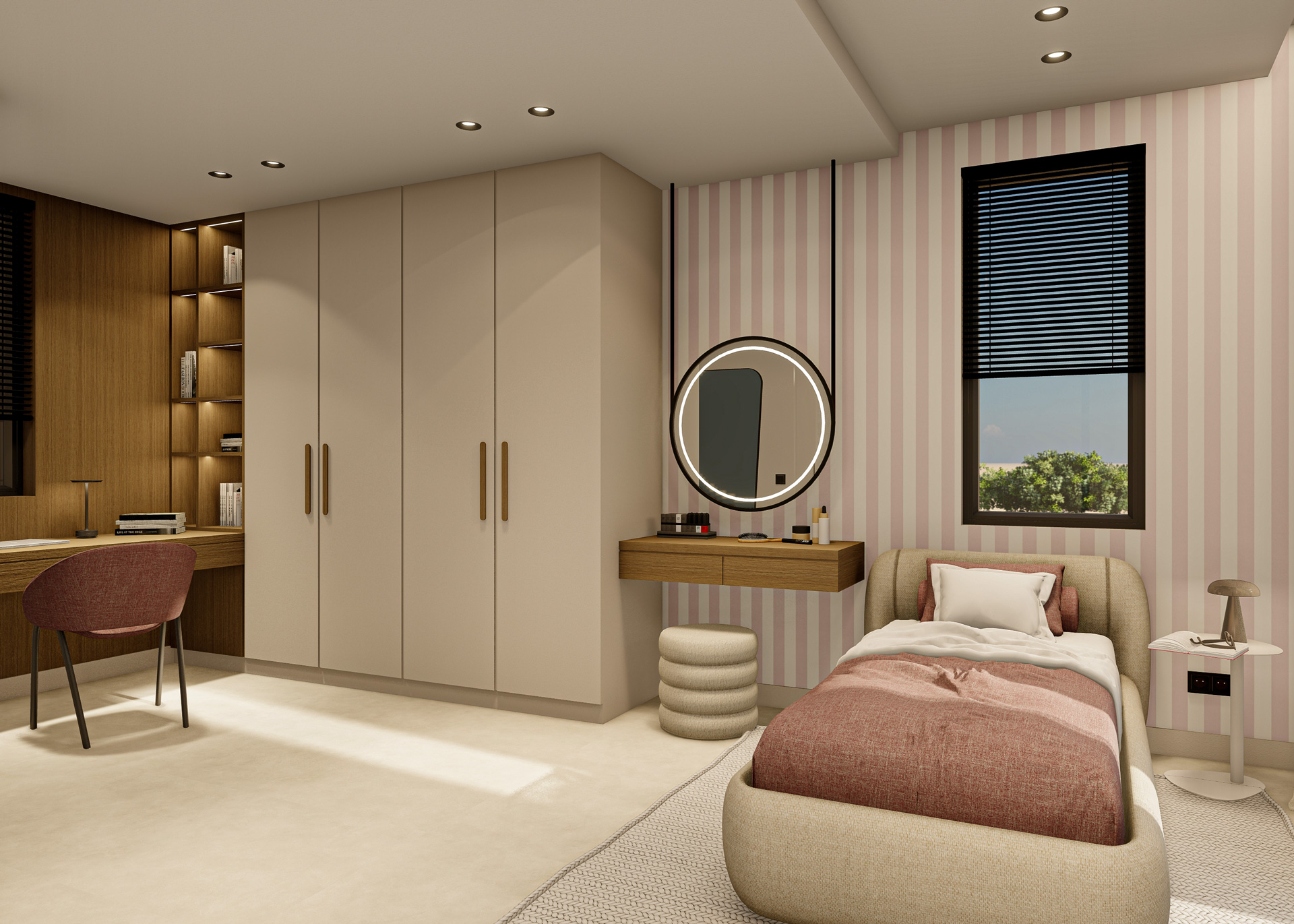 Organic Tranquility residential project by STIRIXIS Group showing bathroom with pink fluted accent wall and statement mirror