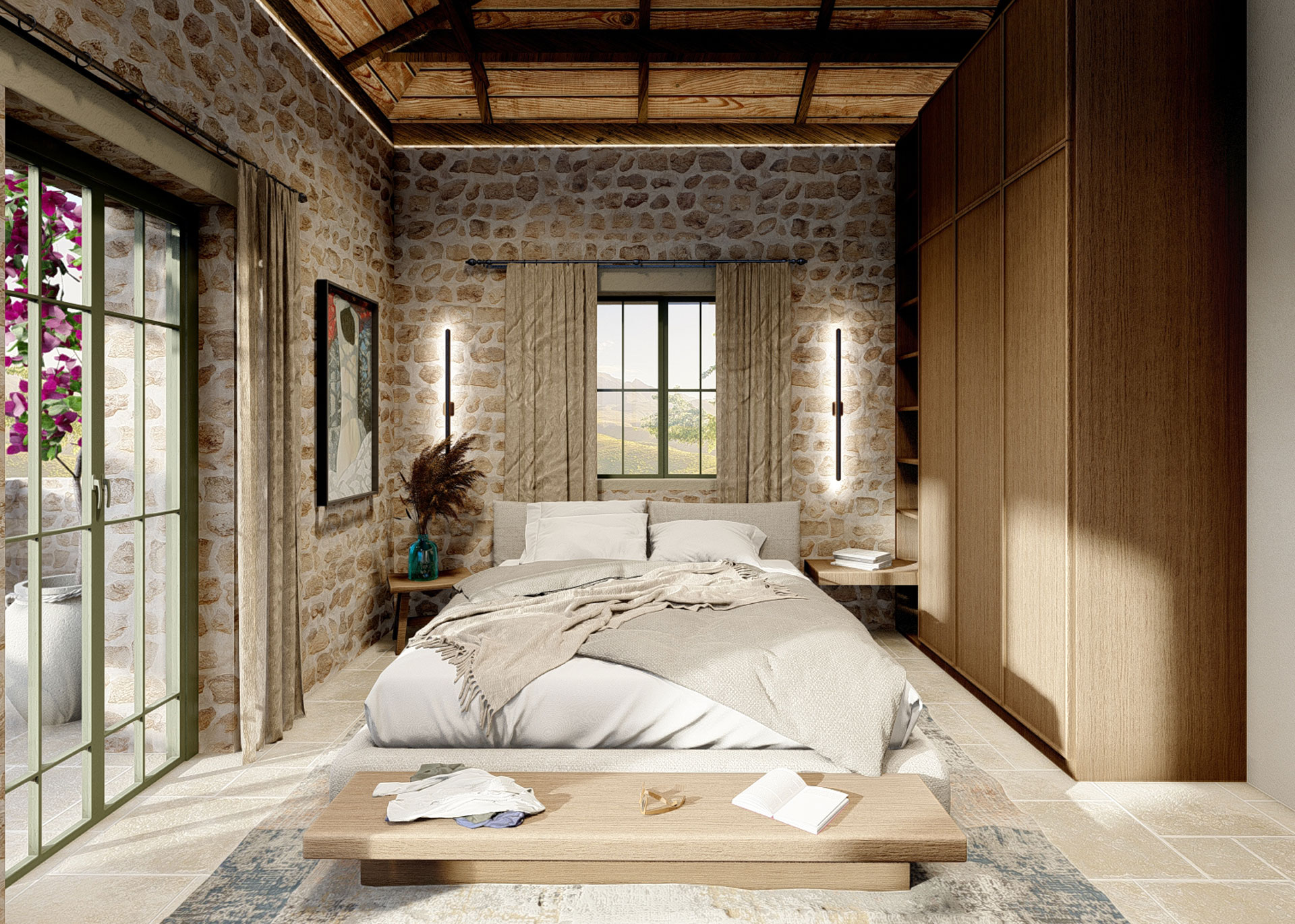 ERAWA residential project by STIRIXIS Group showing bedroom with exposed stone wall and natural daylight