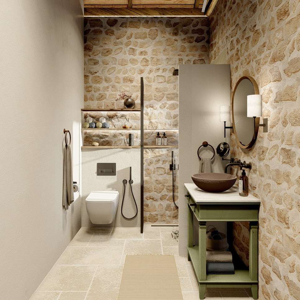 ERAWA residential project by STIRIXIS Group showing bedroom with exposed stone wall and natural daylight