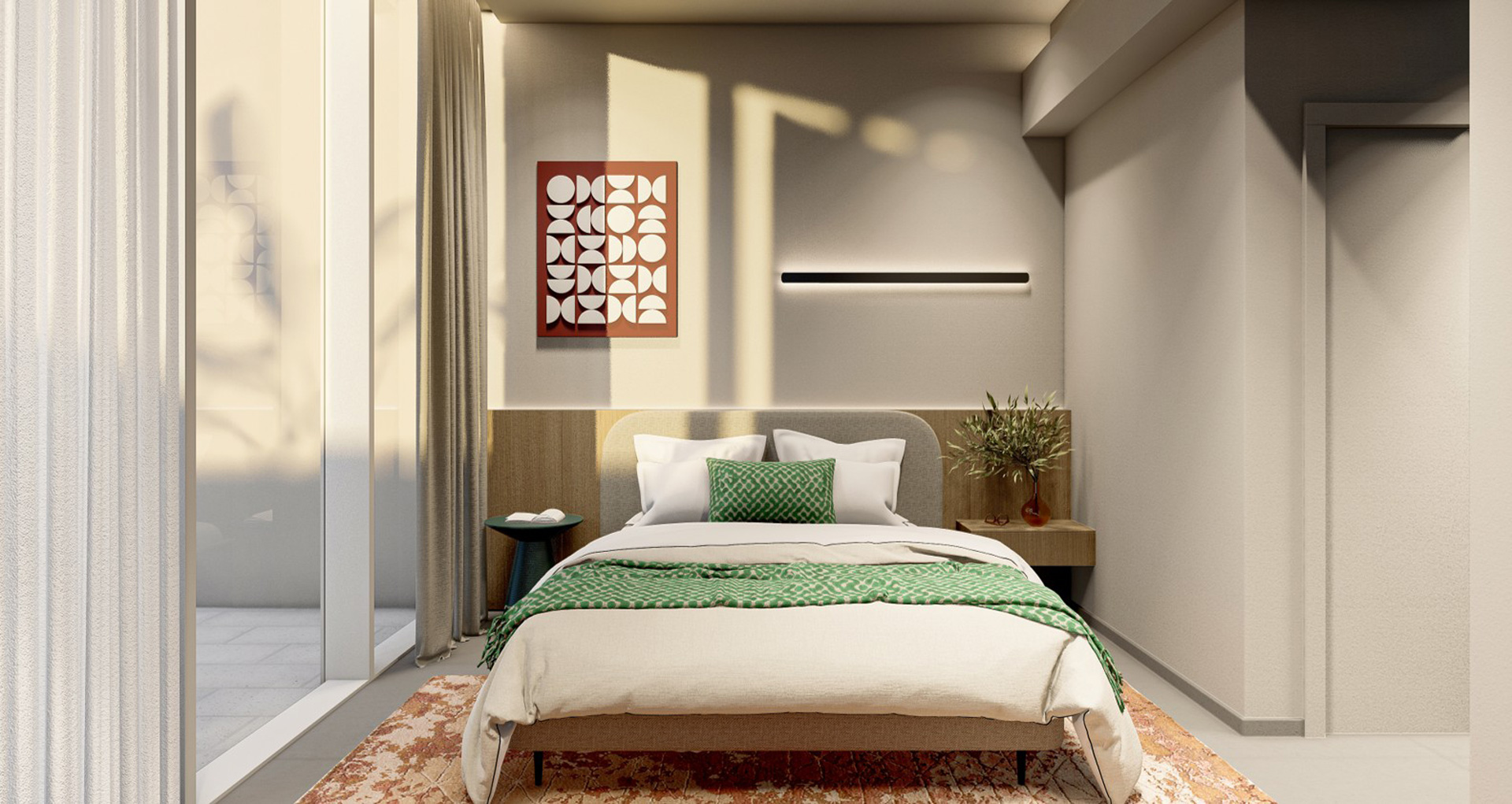 Banyan Tree Apartment by STIRIXIS Group showing luxury bedroom with warm tones and curated artwork
