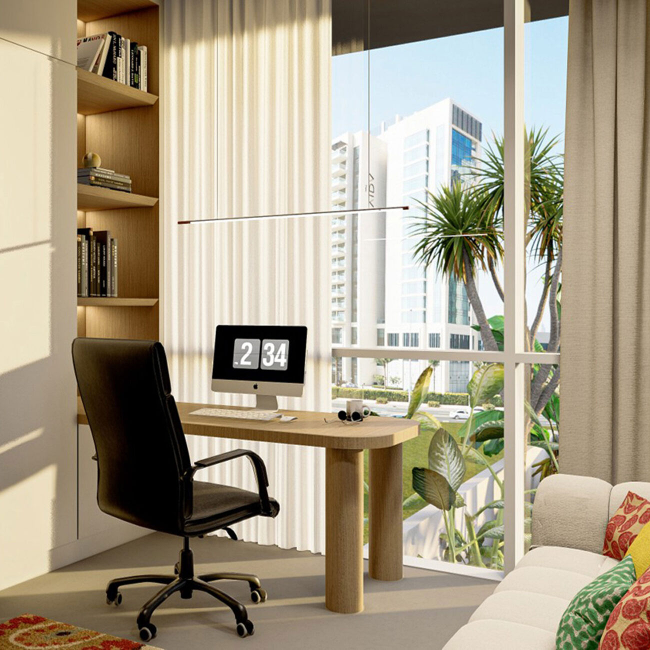 Banyan Tree Apartment by STIRIXIS Group showing home office with balcony view and city backdrop