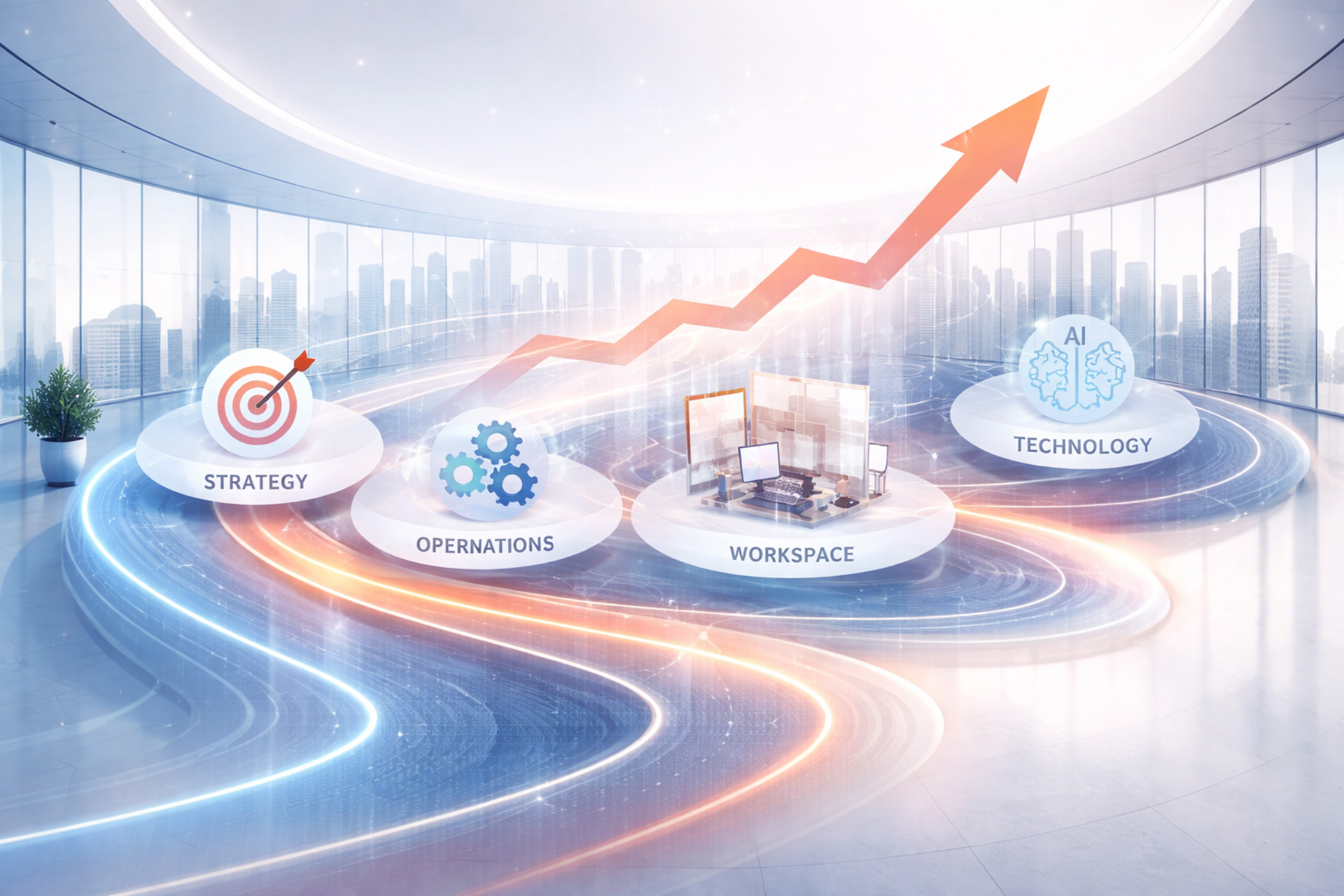 Abstract workspace environment illustrating how strategy and AI combine to improve organisational performance and adaptability
