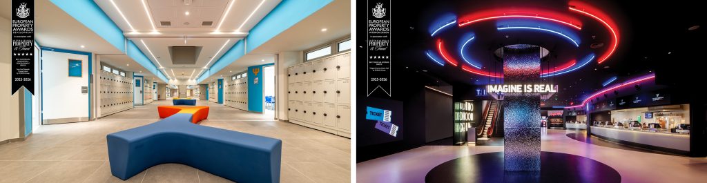International Property Awards 2025 recognition banner showing STIRIXIS Group distinctions for Village Cinemas and Saint-Paul De La Salle