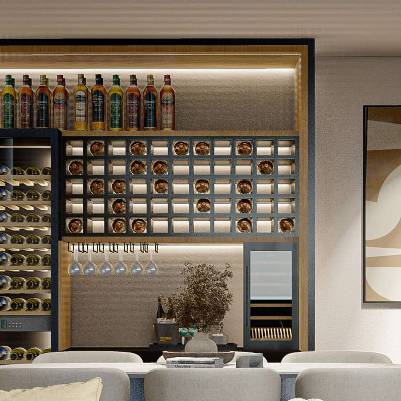 Seaside Elegance residential project by STIRIXIS Group showing detailed bar area with wine cabinet, bottle display and ambient gold lighting
