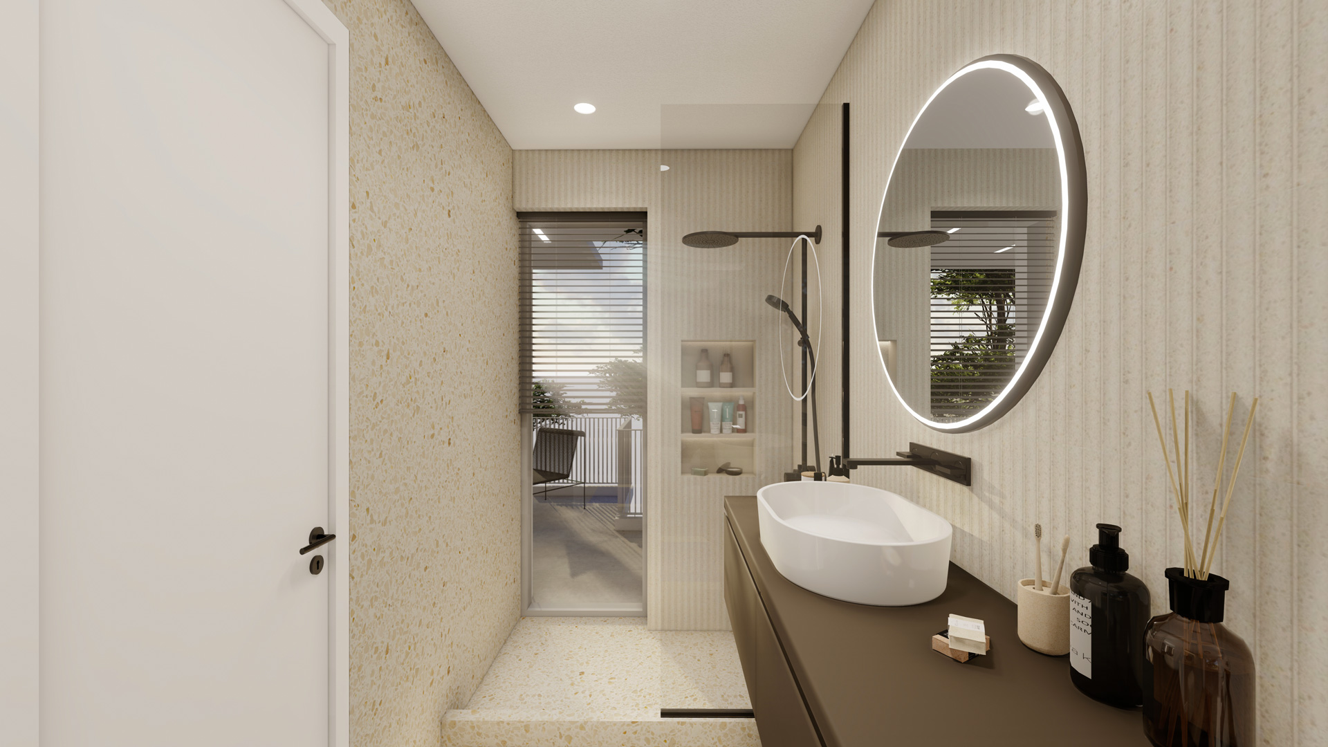 Urban Harmony residential project by STIRIXIS Group showing minimal bathroom with oval mirror and warm neutral finishes