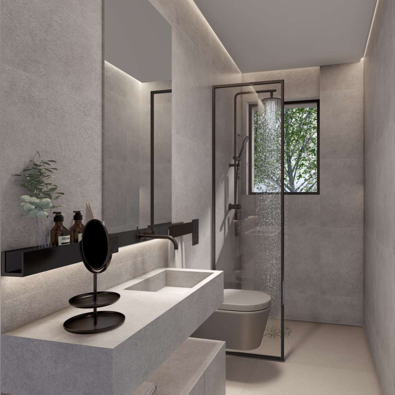 Your Canvas residential project by STIRIXIS Group showing minimal bathroom with stone basin and dark frame mirror