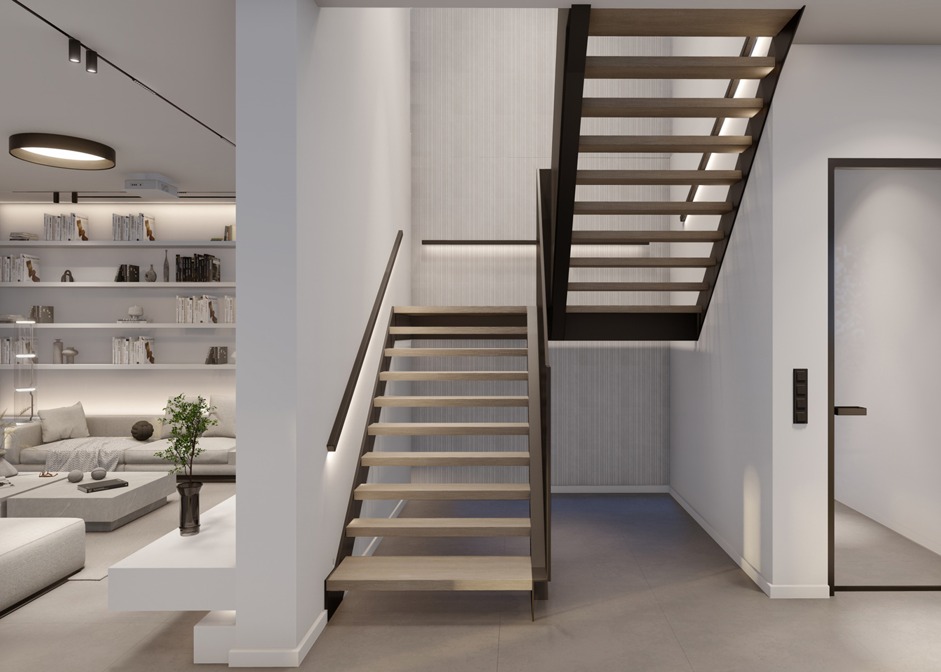 Your Canvas residential project by STIRIXIS Group showing floating staircase with integrated shelving and natural material finishes