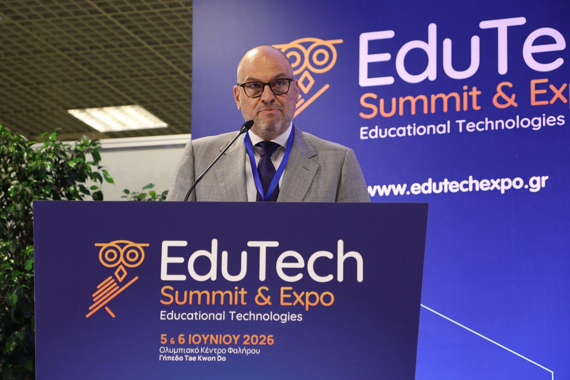Alex Athanassoulas speaking at EduTech Summit & Expo 2026 at the Olympic Centre, Faliro, Athens.