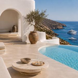 Concept visualisation of a luxury Mykonos-inspired boutique hotel terrace with an infinity pool, Aegean Sea view, and anchored yachts, illustrating the value of Greek blue properties as hospitality assets.