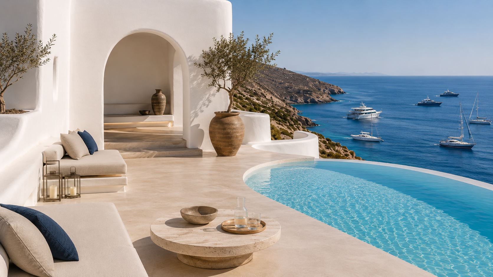Concept visualisation of a luxury Mykonos-inspired boutique hotel terrace with an infinity pool, Aegean Sea view, and anchored yachts, illustrating the value of Greek blue properties as hospitality assets.