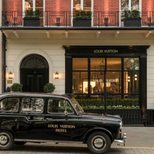 Exterior of Louis Vuitton Hotel London pop-up in Mayfair, showing how a luxury brand can create an immersive hospitality destination.