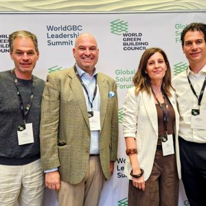 Alex Athanassoulas, President of SBC Greece, with SBC Greece representatives and Laura Pallares at the WorldGBC Global Solutions Forum 2026, London.