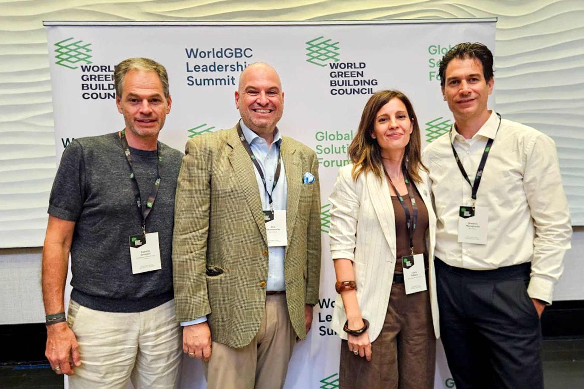 Alex Athanassoulas, President of SBC Greece, with SBC Greece representatives and Laura Pallares at the WorldGBC Global Solutions Forum 2026, London.
