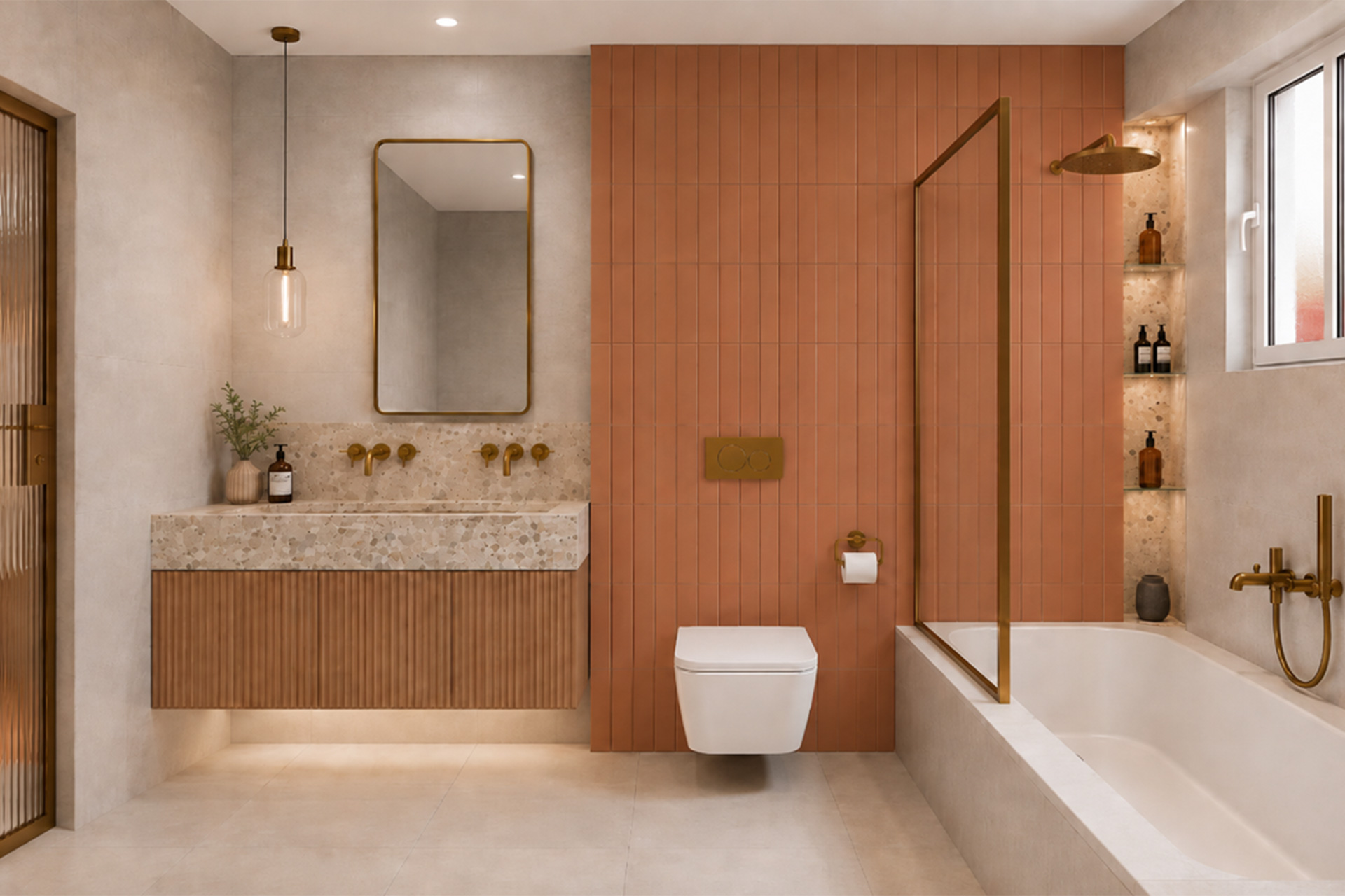 Bathroom in a private Athens residence designed by STIRIXIS Residential, featuring terracotta tiles, textured stone, brass fixtures, and warm material details.