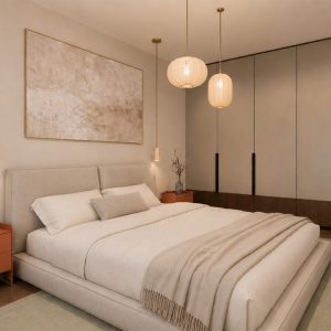 Warm minimalist bedroom in a private Athens residence designed by STIRIXIS Residential, featuring soft textures, pendant lighting, smoke oak, and a calm neutral palette.