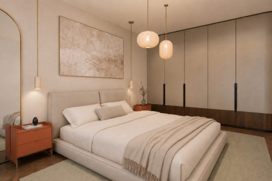 Warm minimalist bedroom in a private Athens residence designed by STIRIXIS Residential, featuring soft textures, pendant lighting, smoke oak, and a calm neutral palette.