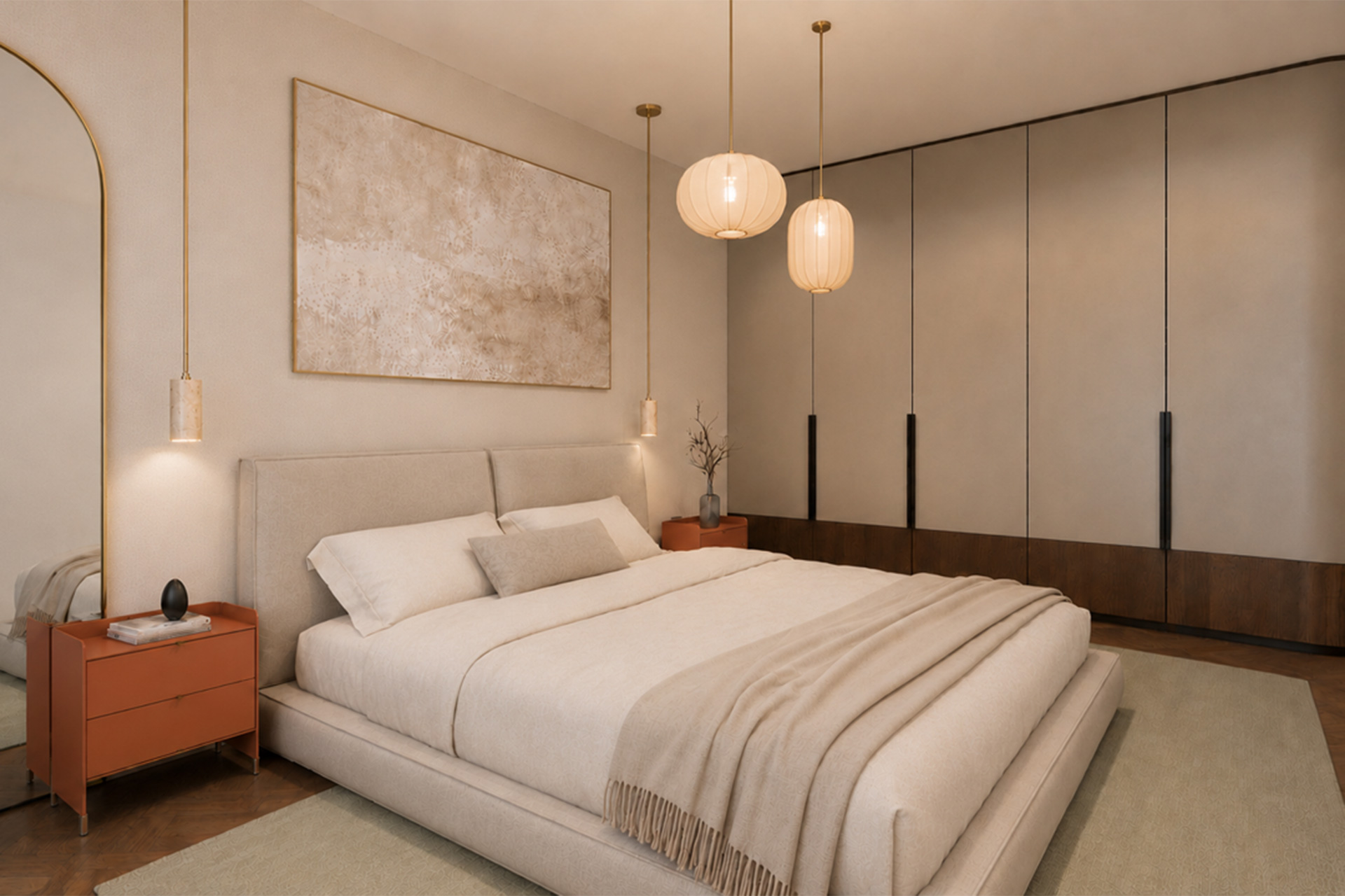 Warm minimalist bedroom in a private Athens residence designed by STIRIXIS Residential, featuring soft textures, pendant lighting, smoke oak, and a calm neutral palette.