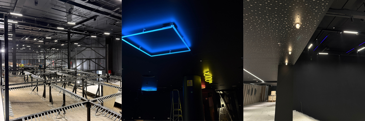 Work in progress showing specialist lighting installations during the construction of an entertainment venue.