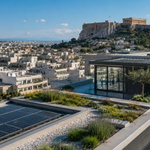 Green rooftop integrated into the dense urban fabric of Athens, illustrating climate-adaptive architecture and urban resilience.