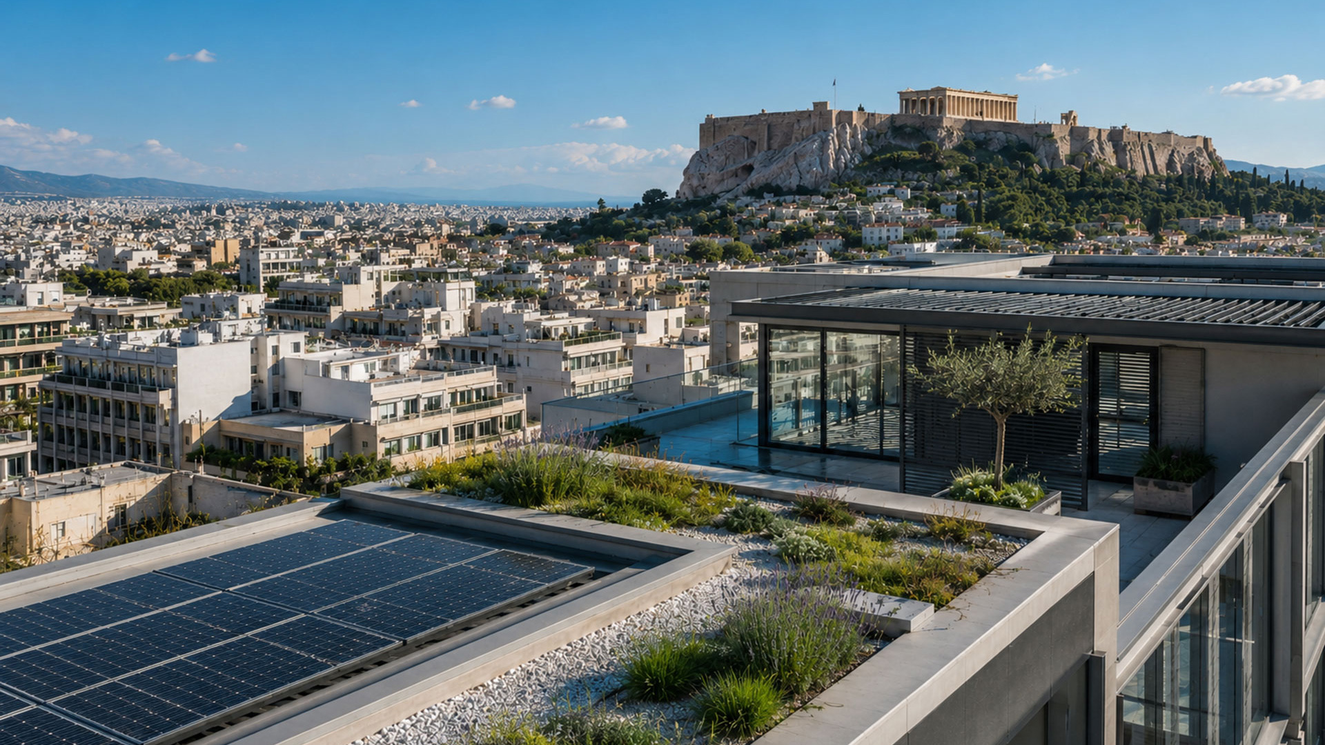 Green rooftop integrated into the dense urban fabric of Athens, illustrating climate-adaptive architecture and urban resilience.
