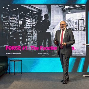 Alex Athanassoulas speaking on the future of grocery retail at the Nordic Grocery Store Expo 2026 in Stockholm.