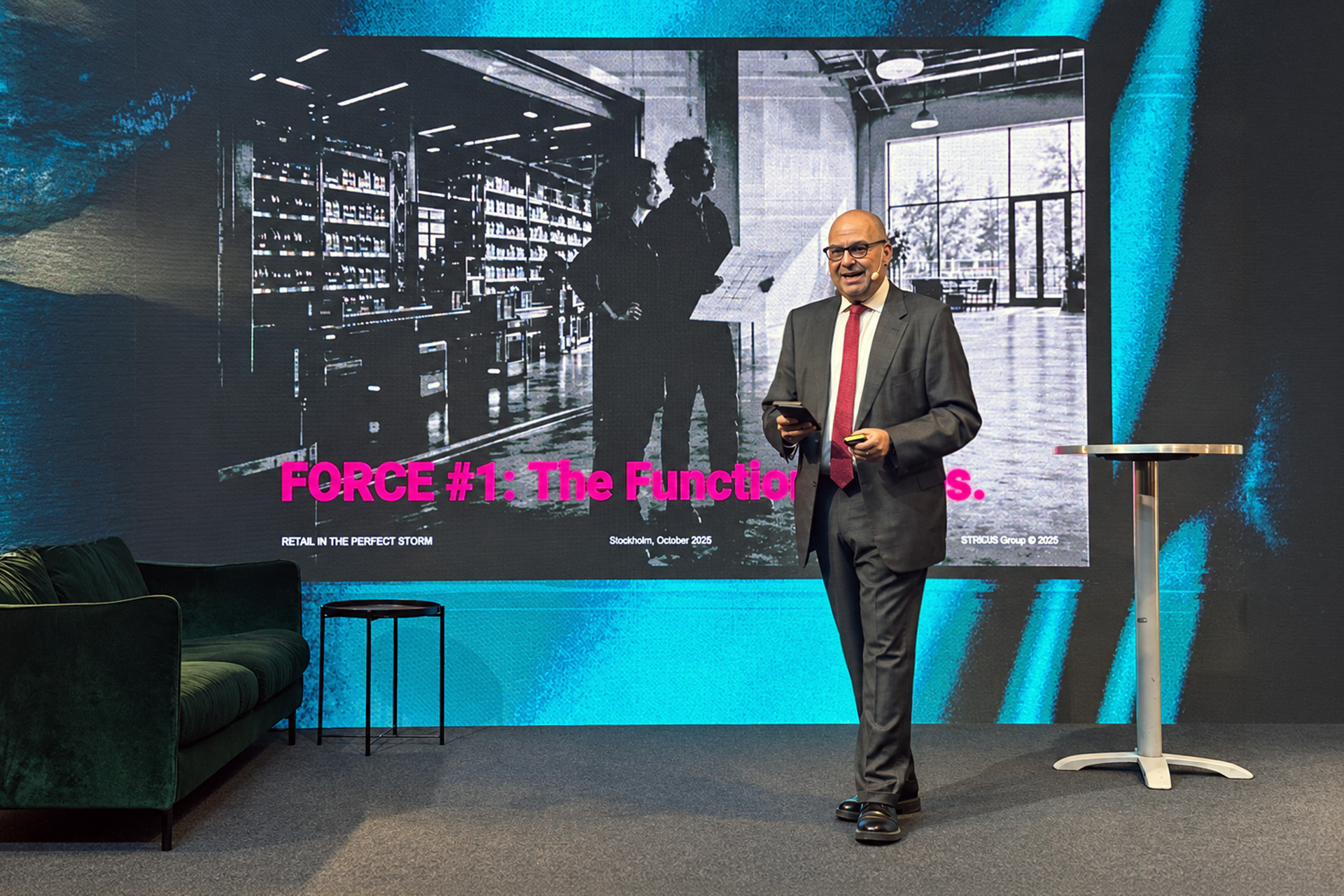 Alex Athanassoulas speaking on the future of grocery retail at the Nordic Grocery Store Expo 2026 in Stockholm.
