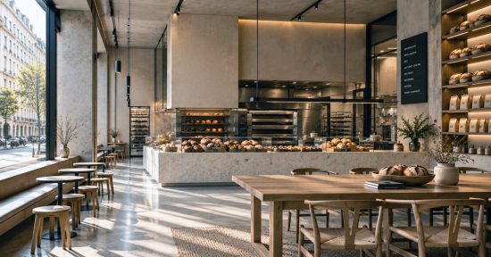 Modern artisan bakery interior featuring an open production area, freshly baked bread displays, natural materials and café seating, illustrating bakery concept design centred on the customer experience.
