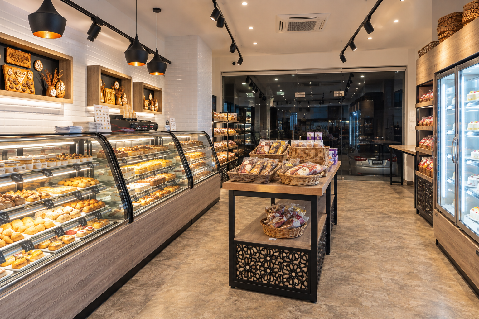 Interior of the MOB bakery project by STIRIXIS Group, with pastry displays, retail shelving and a central product island.