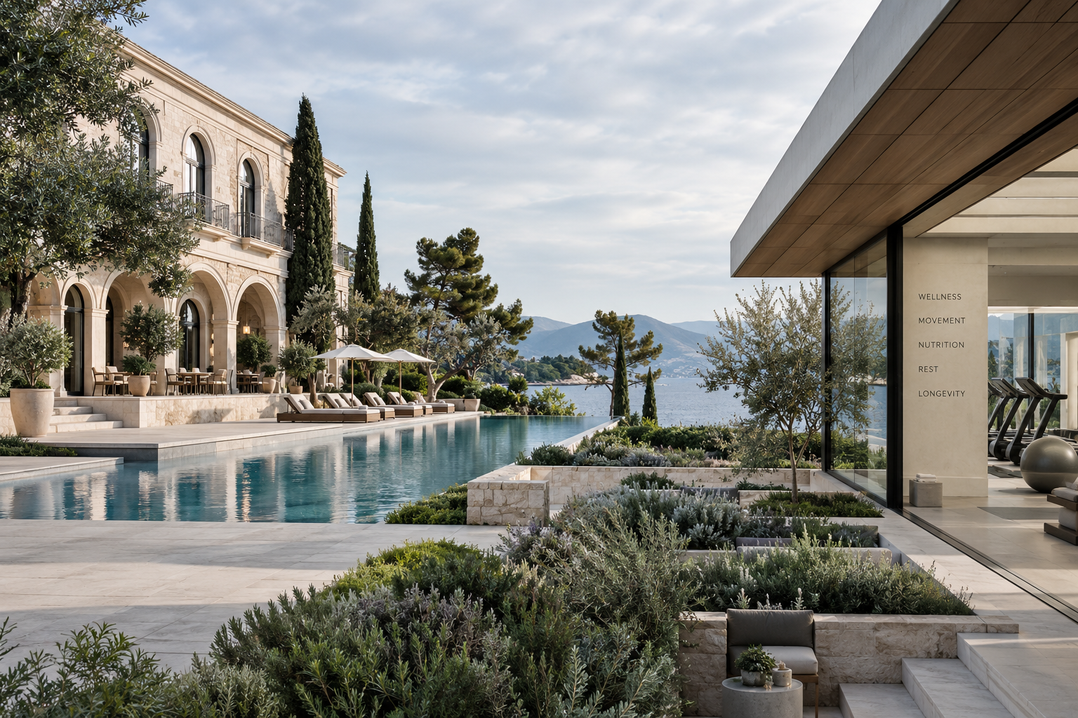 A repositioned luxury hospitality asset combining existing Mediterranean architecture with contemporary wellness facilities, landscape and new guest experiences.